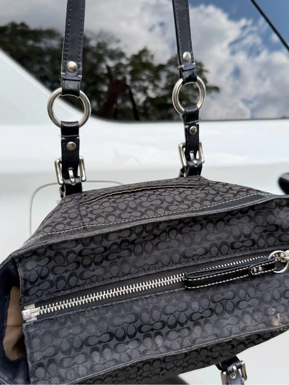 Coach Black Signature Canvas Shoulder Tote with Red Cherry Charm